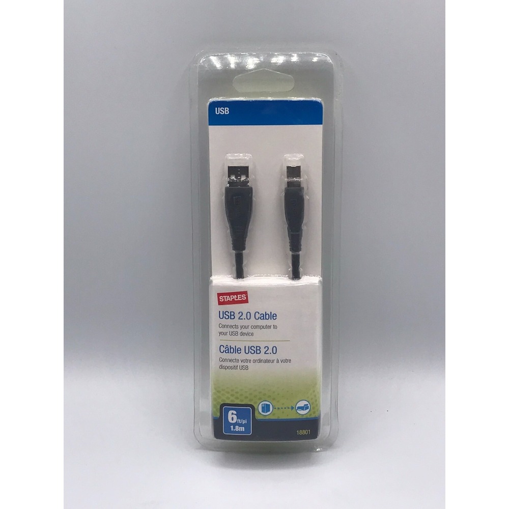 Staples 6ft USB 2.0 Cable cord computer office Windows Macintosh black 18801
